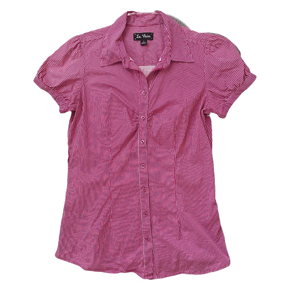 In Vain Petite Large Red White Pinstripe Button Up Shirt Ruched Short Puff Sleev